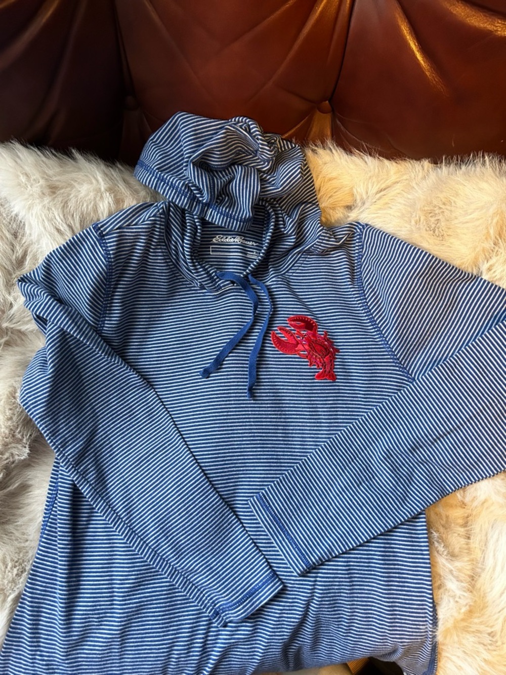 Eddie Bauer Blue & White Striped Hoodie with Red Lobster Patch